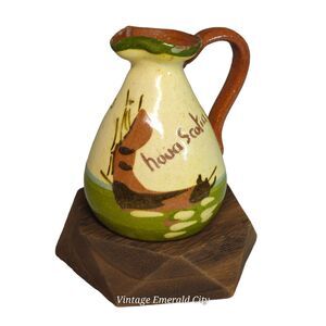 Torquay Devon Motto Creamer Mini Pitcher & Wooden Stand Set Red Pottery England